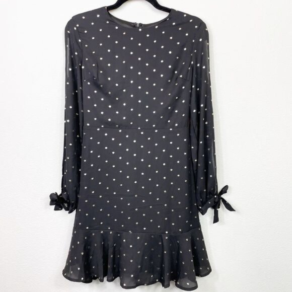 Gianni Bini Black & Gold Polka Dot Dress Size Small Bow Sleeve Ruffle Hem NWT - Picture 3 of 11